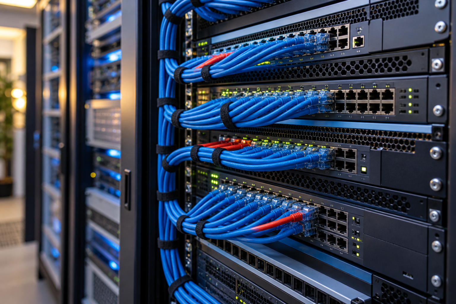 Organized business network equipment with neatly routed cables